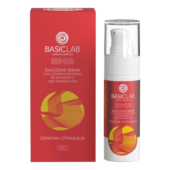 Emulsyjne serum z 0,5% czystego retinolu, 4% witaminy C, CBD i koenzymem Q10 - BasicLab - 30 ml
