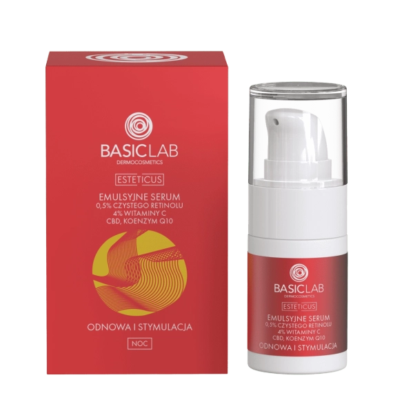 Emulsyjne serum z 0,5% czystego retinolu, 4% witaminy C, CBD i koenzymem Q10 - BasicLab - 15 ml