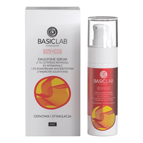 Emulsyjne serum z 1% czystego retinolu, 5% witaminą C i 2% komórkami macierzystymi z wąkrotki azjatyckiej - BasicLab - 30 ml