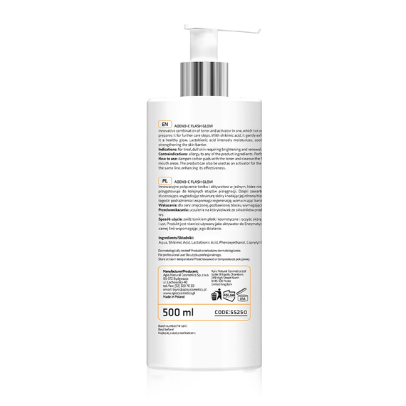 Roświetlający tonik i aktywator 2w1 z kwasem szikimowym i laktobionowym - Apis Adeno-C Flash Glow - 500 ml