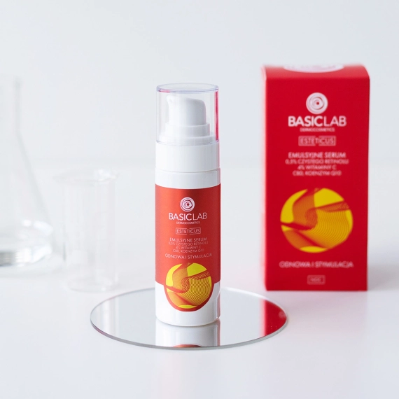 Emulsyjne serum z 0,5% czystego retinolu, 4% witaminy C, CBD i koenzymem Q10 - BasicLab - 30 ml