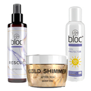 Zestaw do opalania - BLOC - bloker SPF 50+, mgiełka Reascue  i żel Gold Shimmer po opalaniu